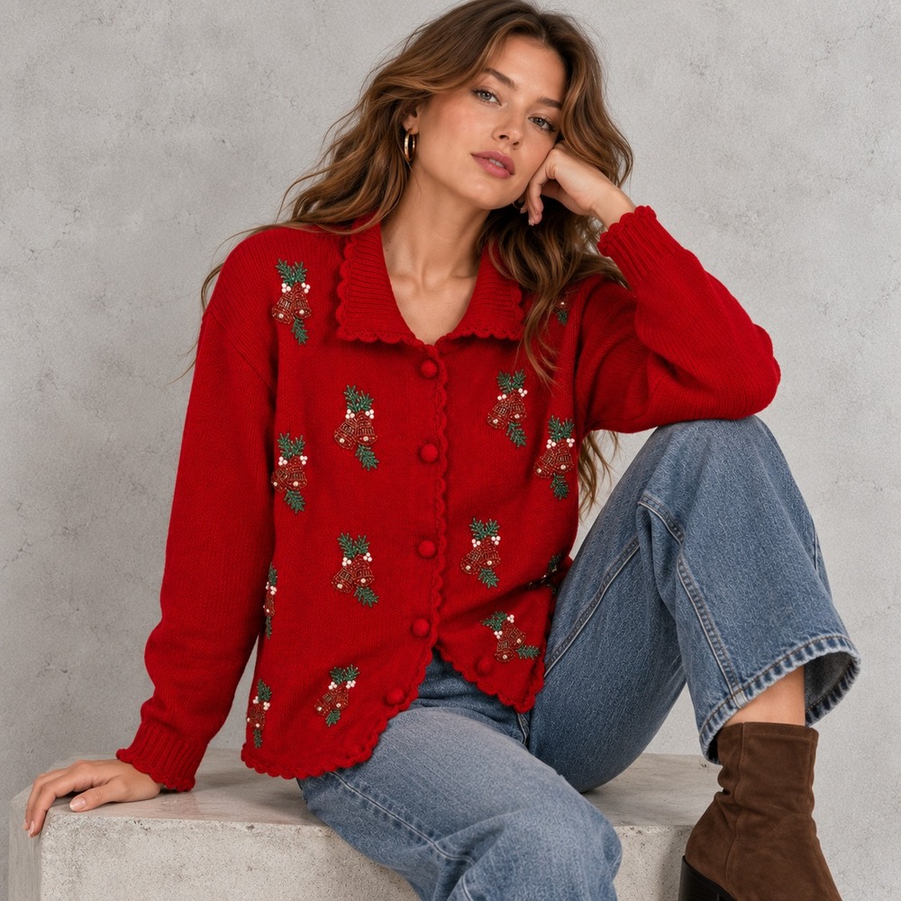 VJ Petites Beaded Women's Cardigan Sweater Christmas Theme Red Knit Size PM